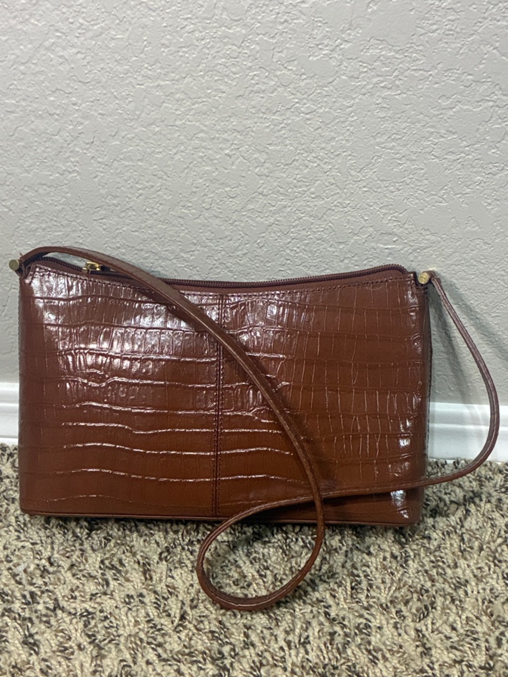 Etienne Aigner Brown Croc-Embossed Leather Shoulder Bag - Picture 8 of 14